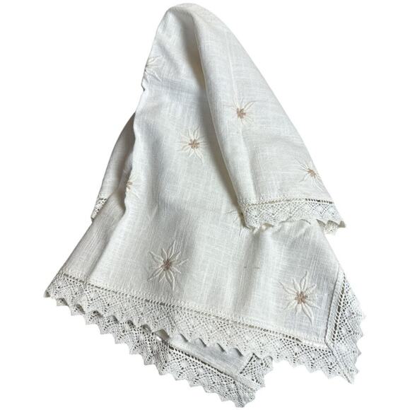 German Made Ivory Linen Floral Embroidery Lace Doily Cloth 30.5" X 30.5" - Picture 2 of 4